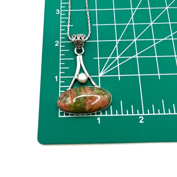 Vintage Large Green Orange Unakite Jasper Pearl Sterling Silver Necklace Pendant - Picture 12 of 13